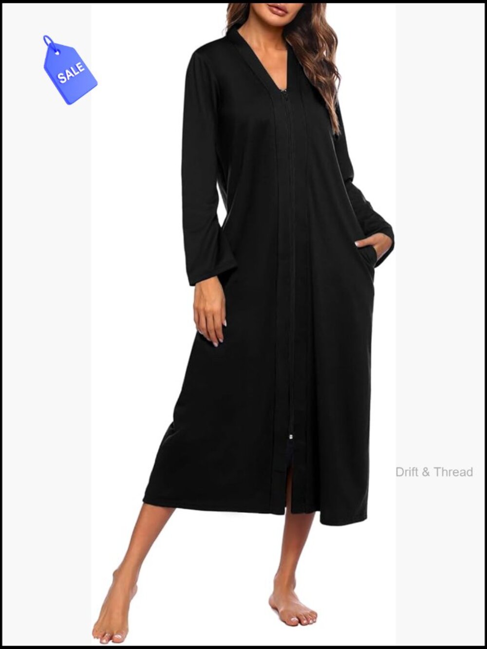 Women's Full Length Zipper Robe Long Sleeve Loungewear Housecoat with Pockets